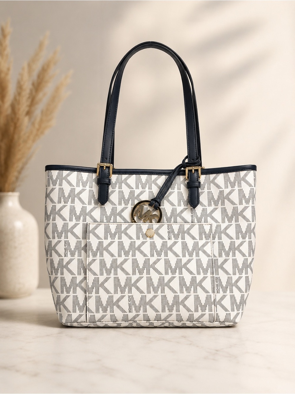 Michael Kors White/Gray Logo Tote with Navy Straps